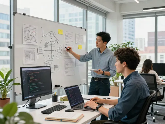 Previous software development collaboration in a vibrant office.