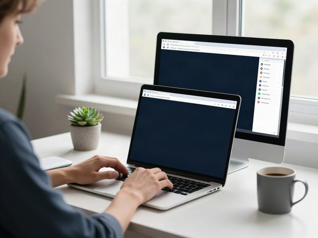 Brave浏览器 interface displayed on a modern laptop in a stylish home office, showcasing privacy and sleek design.