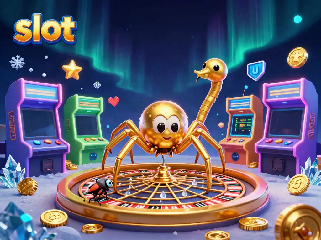 Slot mesin yang dikelilingi elemen permainan berwarna-warni dan karakter 3D untuk perjudian