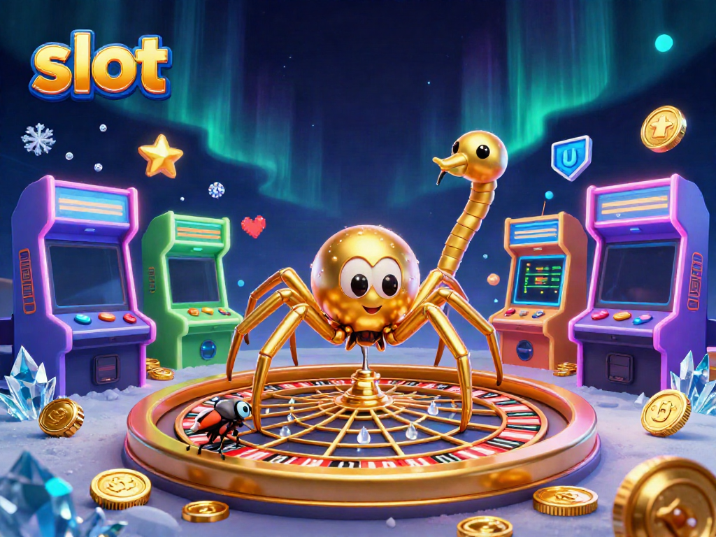 Slot mesin yang dikelilingi elemen permainan berwarna-warni dan karakter 3D untuk perjudian