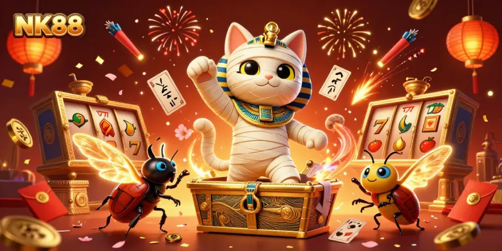 Win big at NK88 with a dynamic 3D illustration of an Egyptian mummy cat and slot reels.