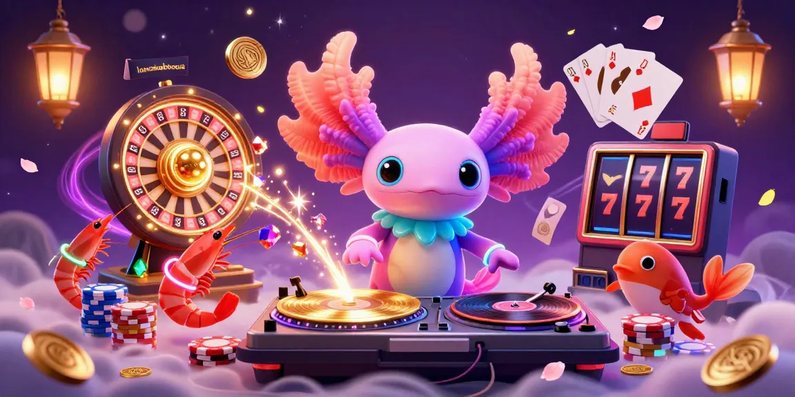 Experience the lively world of lowcobarbecue with a neon axolotl DJ spinning at a vibrant underwater casino scene.
