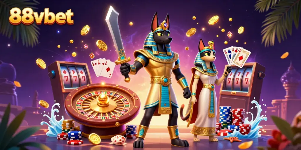Experience the thrill of 88vbet with Anubis and Bastet amidst a vibrant casino atmosphere featuring cascading coins and winning cards.