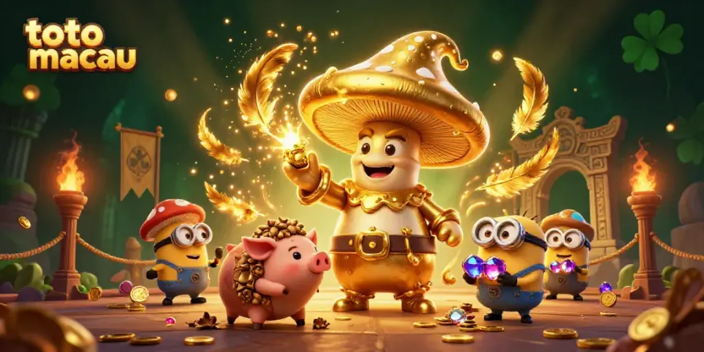 Menampilkan hasil keluaran toto macau dengan wizard jamur emas dan karakter magis dalam suasana kasino.