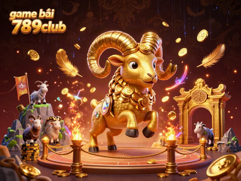 Experience thrilling gameplay in game bài 789club with a dynamic 3D illustration of a golden ram charging forward.