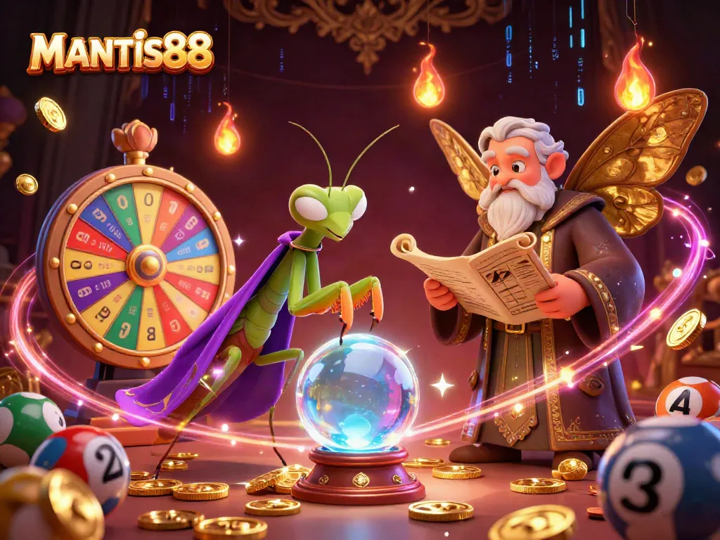 Engage with MANTIS88's vibrant lottery scene featuring a mystical mantis and moth as fortune tellers.