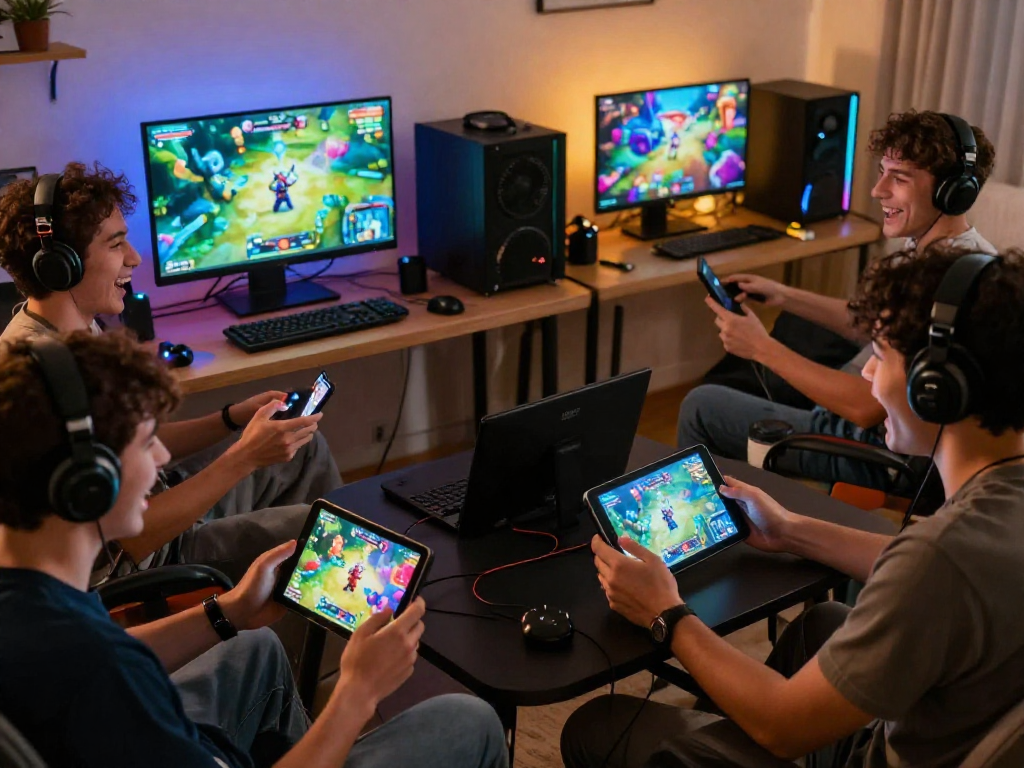 Play engaging porn games online with friends across devices in a vibrant living room setting.