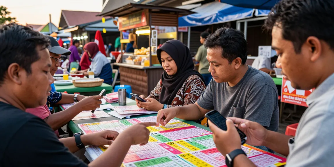 Pengunjung lotere mendiskusikan ratutogel dengan tiket berwarna-warni di pasar lokal.