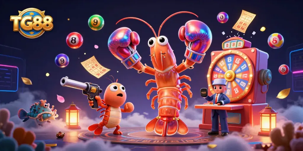 Play with excitement at TG88 Casino with vibrant lottery balls and animated characters in a lively scene.