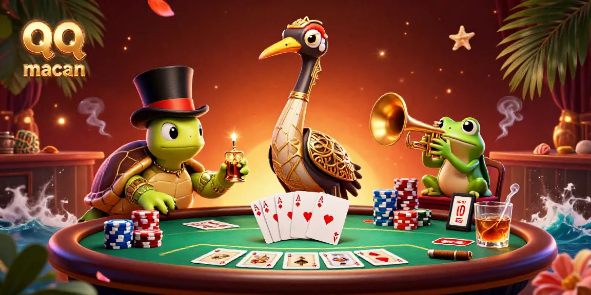 Engage with qq macan in an exciting casino scene featuring colorful poker elements.