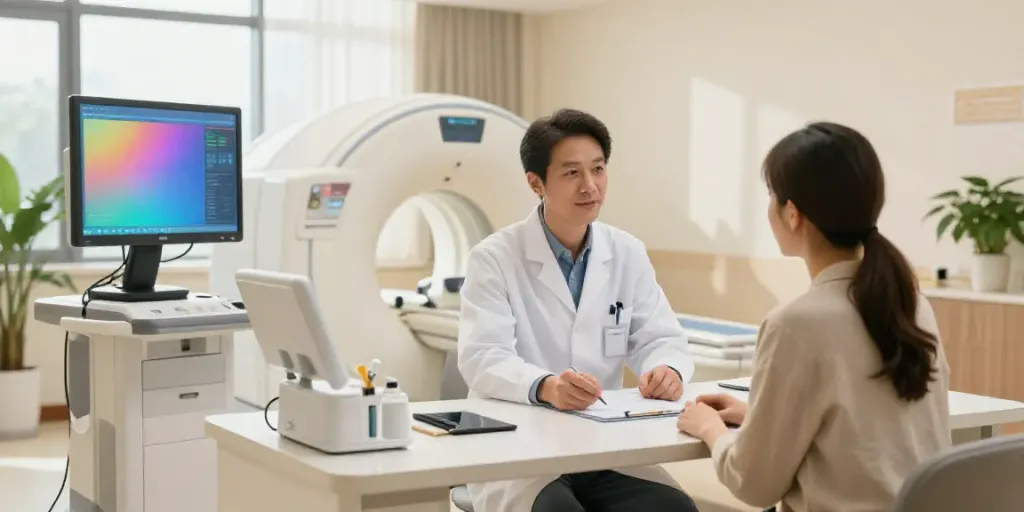 Röntgenreizbestrahlung in der Nähe – freundlicher Arzt erklärt diagnostische Verfahren in einer modernen Praxis.