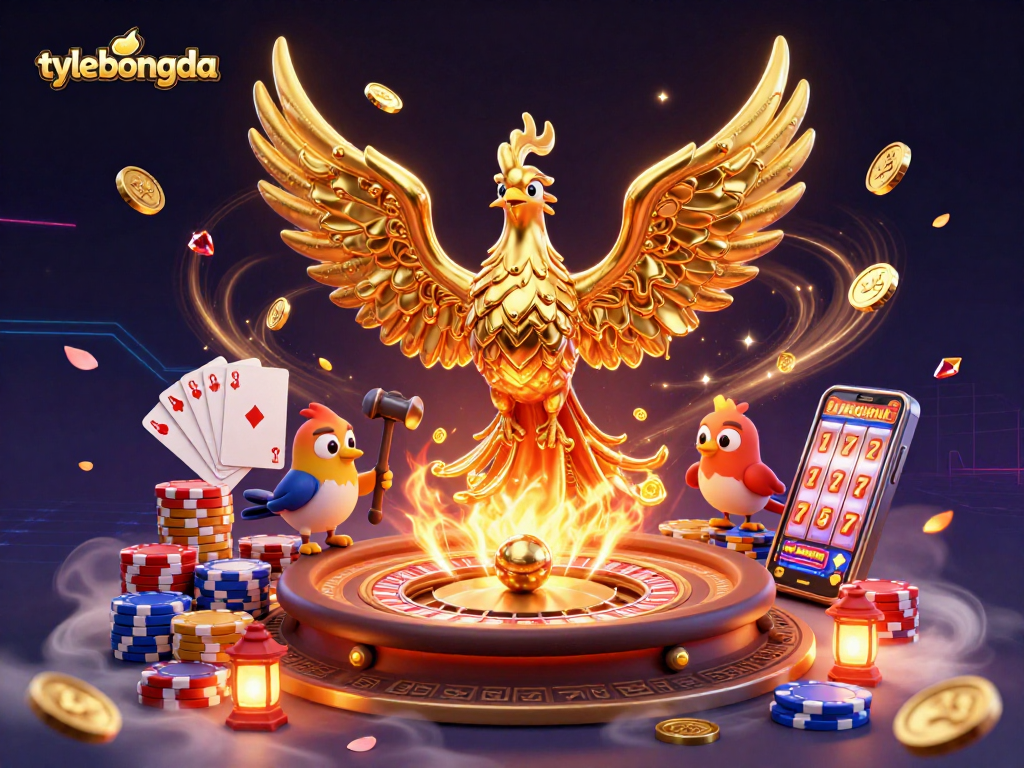 Experience the thrill of tylebongda as a golden phoenix emerges from a forge, surrounded by spinning roulette and shimmering coins.