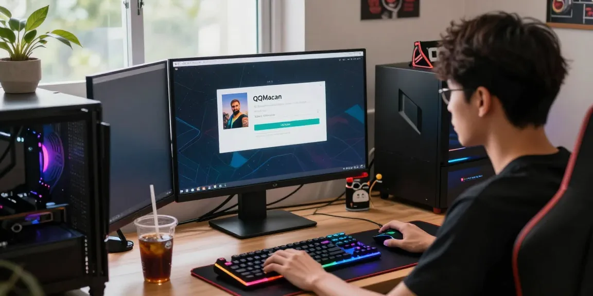 Engaged user performing qqmacan login at a vibrant gaming setup with colorful peripherals.