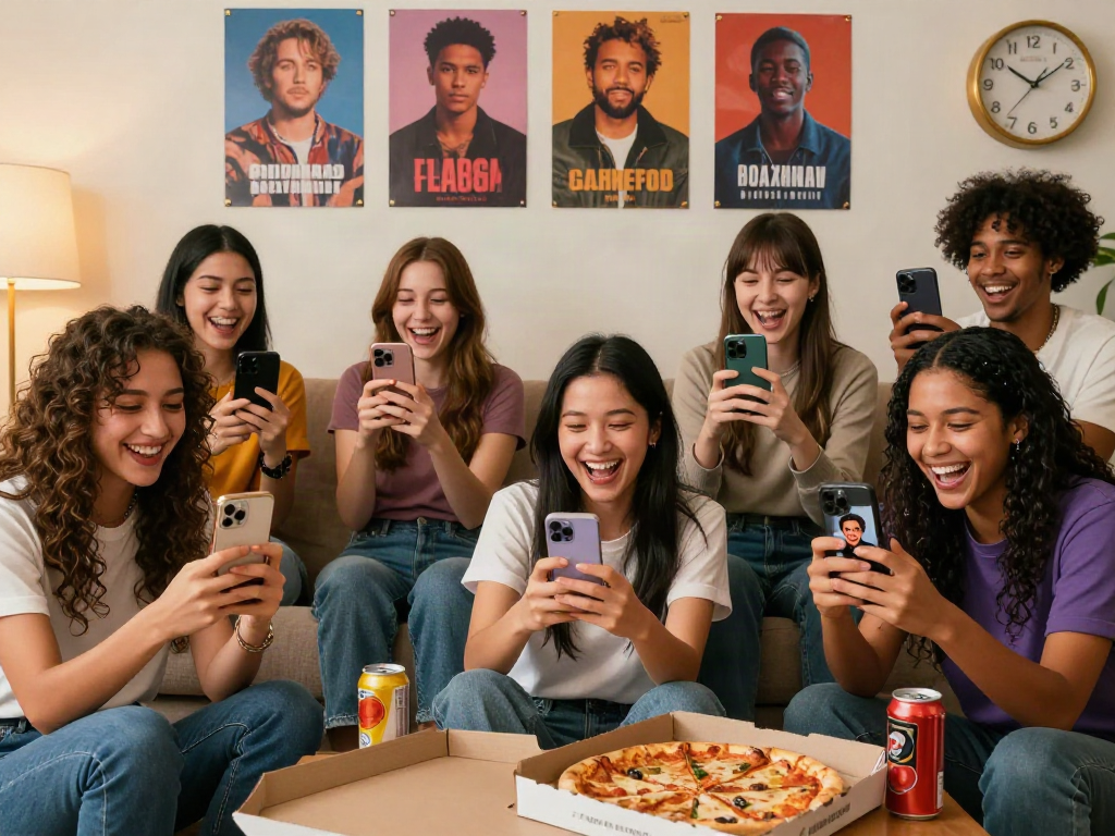 Friends enjoying a celebrity look alike app comparison in a lively living room setting.