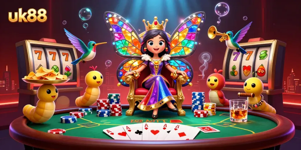 Experience dynamic gaming at uk88 with a vivid scene of slots and poker action.