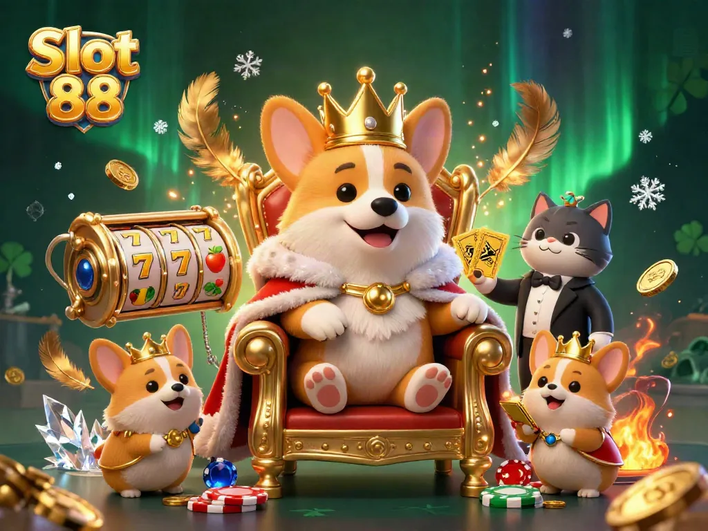 Engaging scene of Slot 88 featuring a royal corgi, cat butler, and slot reels in a dynamic casino atmosphere.