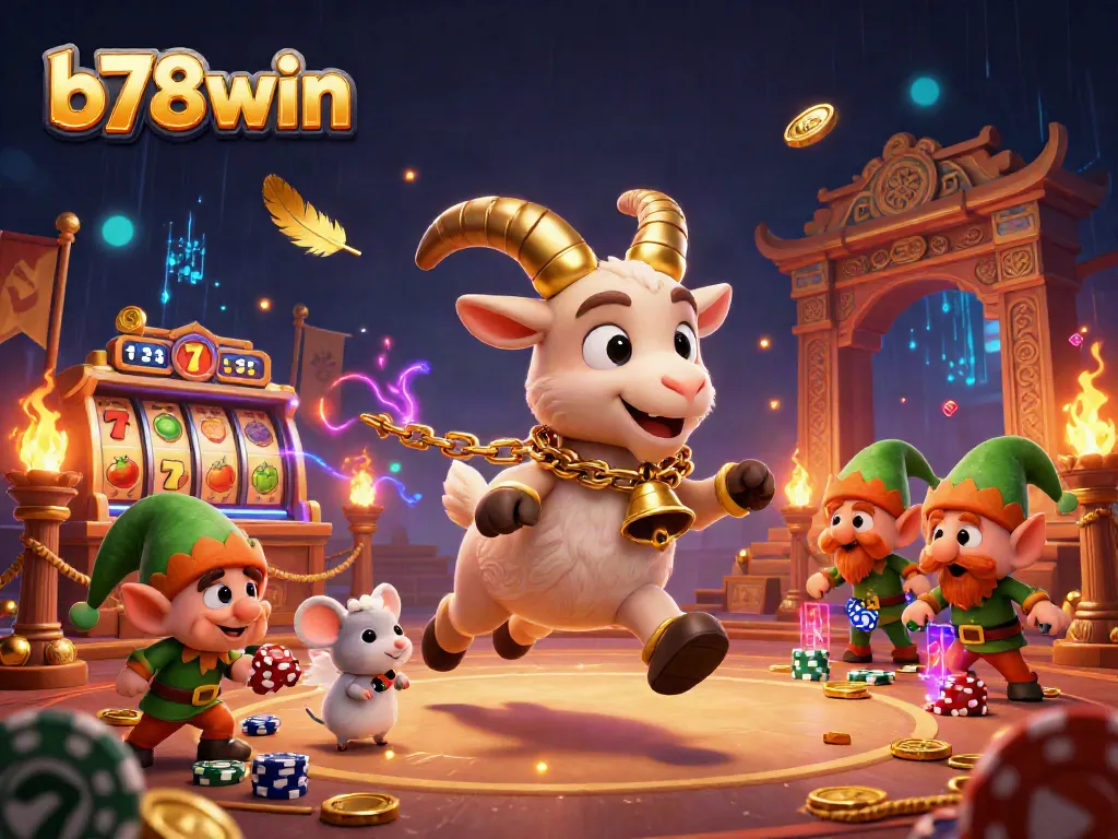 b78win brings the excitement of a vibrant casino scene with a festive Krampus goat and playful characters.