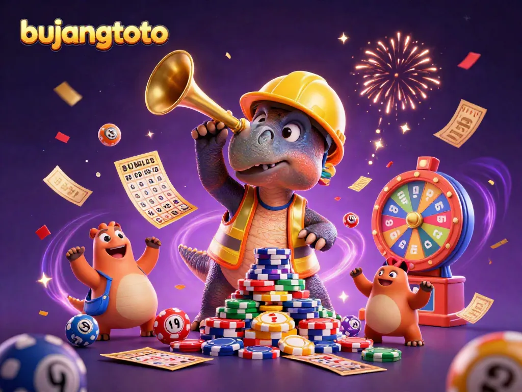 Bujangtoto features triumphant dinosaurs celebrating around casino elements and colorful lottery balls.
