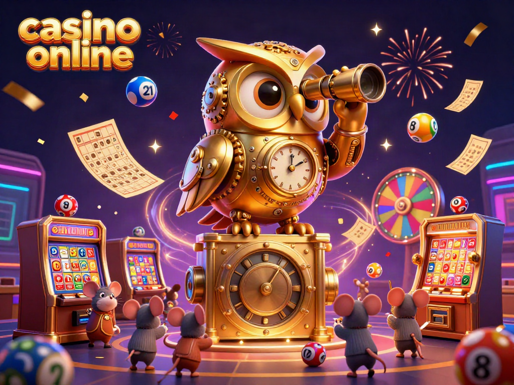 Experience thrilling casino online action with a clockwork owl and whimsical characters amidst vibrant game elements.