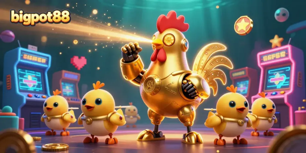 Bigpot88 membawa keberuntungan dengan robot ayam emas futuristik dan game 3D yang memukau.