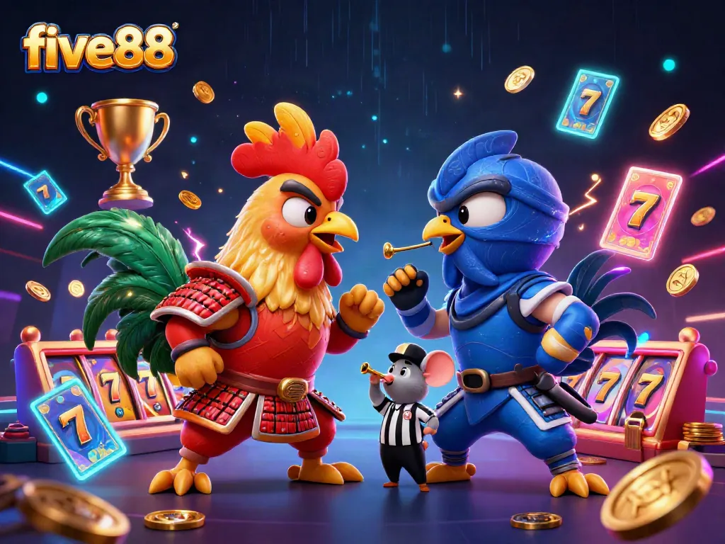 Five88 gaming experience featuring dramatic combat between samurai and ninja styled roosters amidst a vibrant casino backdrop.