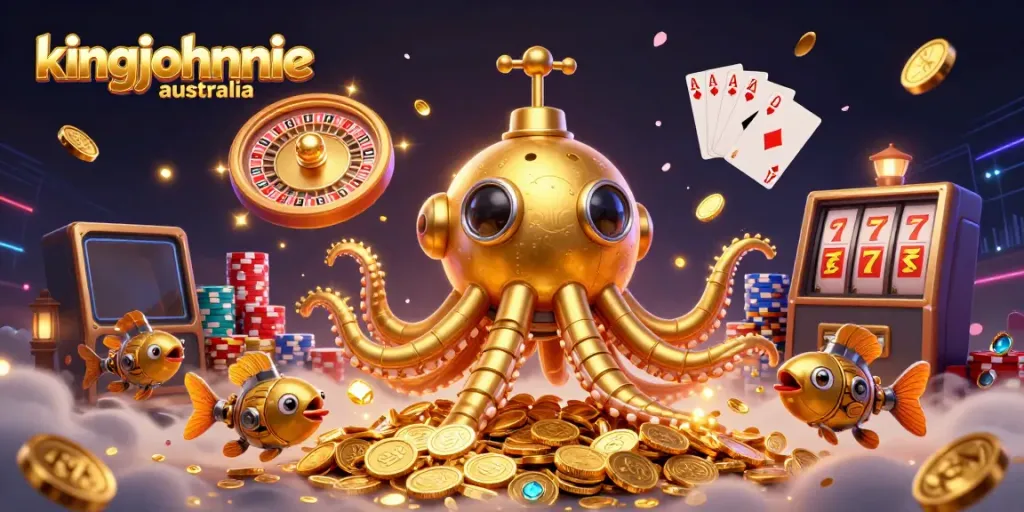 Experience the thrill of kingjohnnie australia with a vibrant casino-themed 3D illustration filled with action.