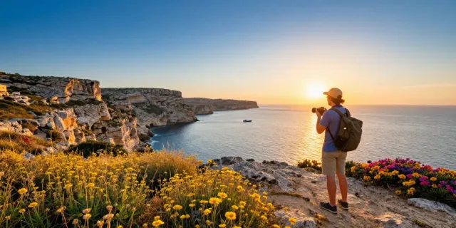 Captivating sunset view of a traveler enjoying a malta gozo tour on stunning cliffs overlooking the Mediterranean.