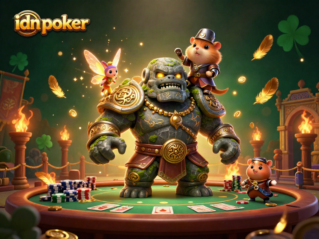 Gambarkan idn poker dengan pertempuran menarik di arena poker, memukau dengan golem dan hamster berkuda.