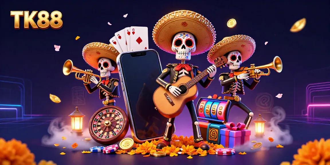 Play exciting slot games vividly illustrated with TK88, showcasing a lively mariachi band theme.
