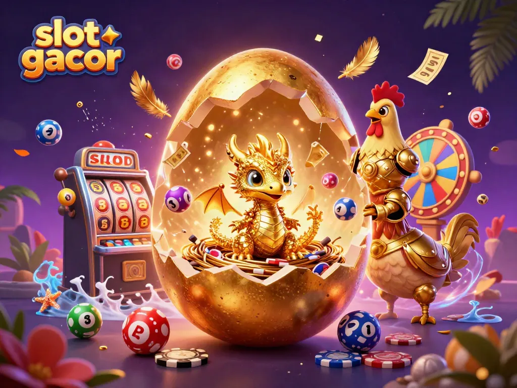Experience slot gacor excitement with a golden dragon amidst vibrant casino elements.