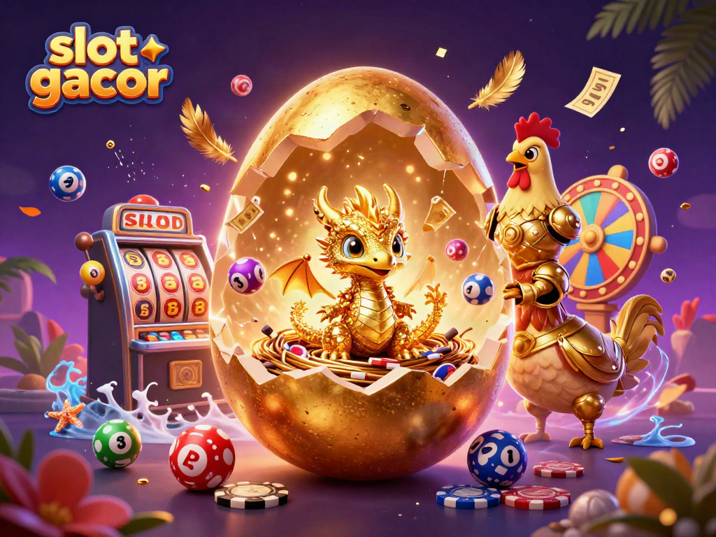 Experience slot gacor excitement with a golden dragon amidst vibrant casino elements.