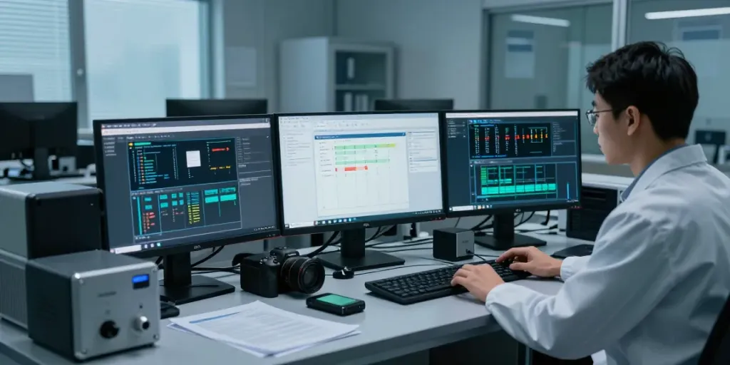 Digital investigations in a high-tech lab with forensic tools and data analysis.