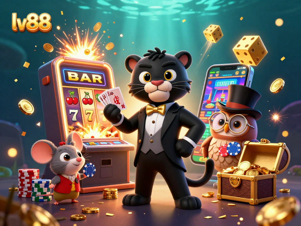 Experience the excitement of lv88 with a glamorous 3D casino scene featuring a stylish panther dealer and playful characters.