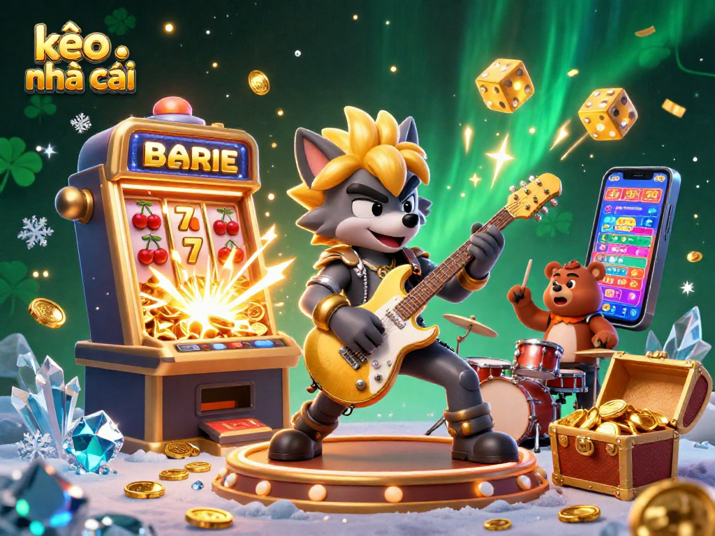 Engaging kèo nhà cái illustration showcasing a rock star wolf on stage with casino-themed elements.