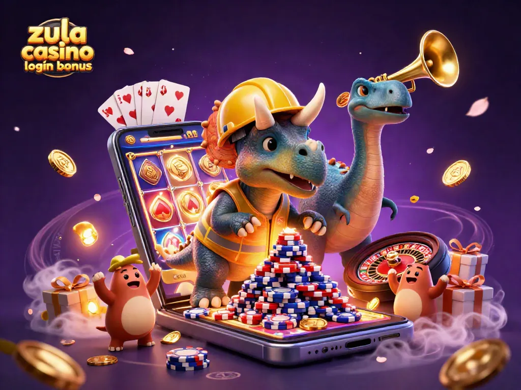Engage with Zula Casino login bonus featuring a triceratops and parasaurolophus celebrating with coins and poker chips.