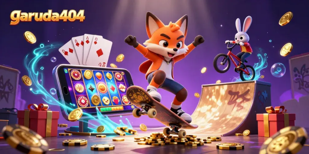 garuda404 features an energetic scene with a skateboarding fox and BMX rabbit among vibrant casino elements.