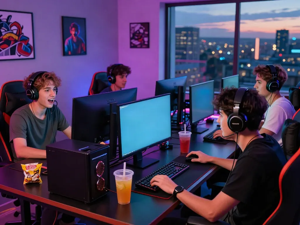 Engaged gamers enjoying an online session with qqmacan on high-end gaming setup.