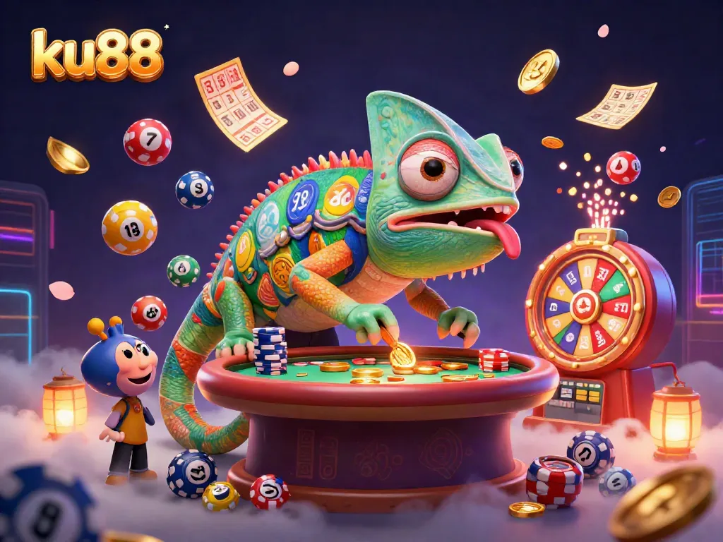 ku88's vibrant casino scene featuring a chameleon owner, colorful game elements, and energetic atmosphere.