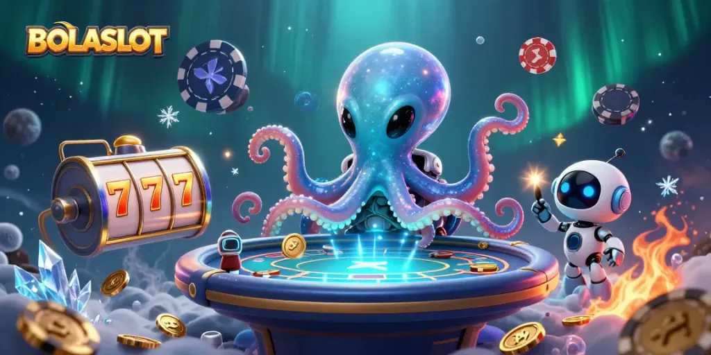 BOLASLOT showcases a vibrant scene with an alien octopus at a holographic poker table, surrounded by dynamic slot elements.