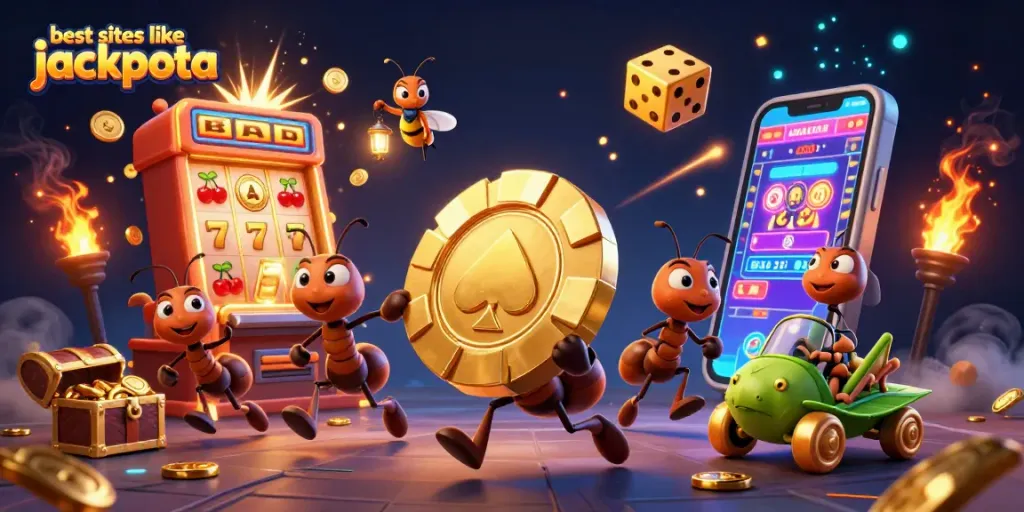 Play with the best sites like Jackpota in this animated heist scene featuring playful casino characters.