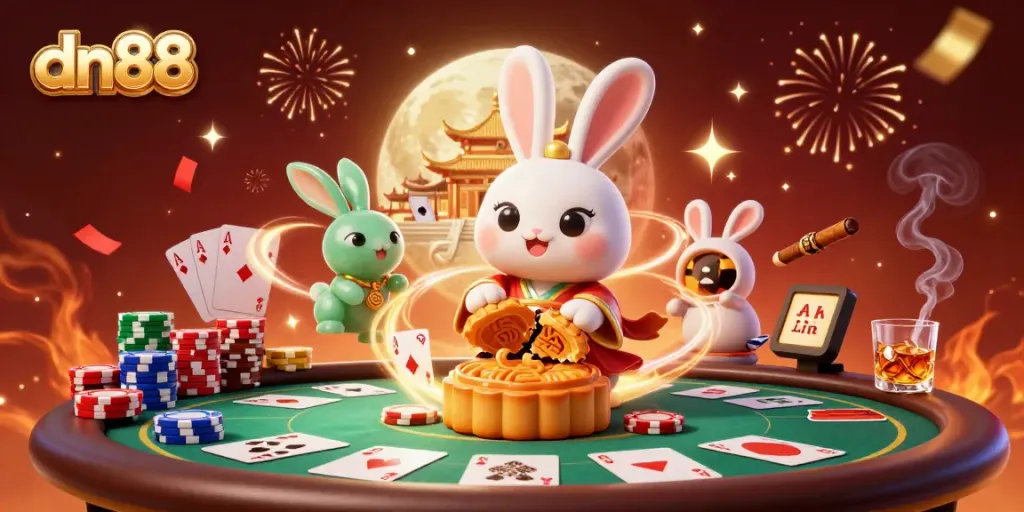 Experience excitement with dn88 as a moon rabbit reveals poker chips while celebrating on the lunar surface.