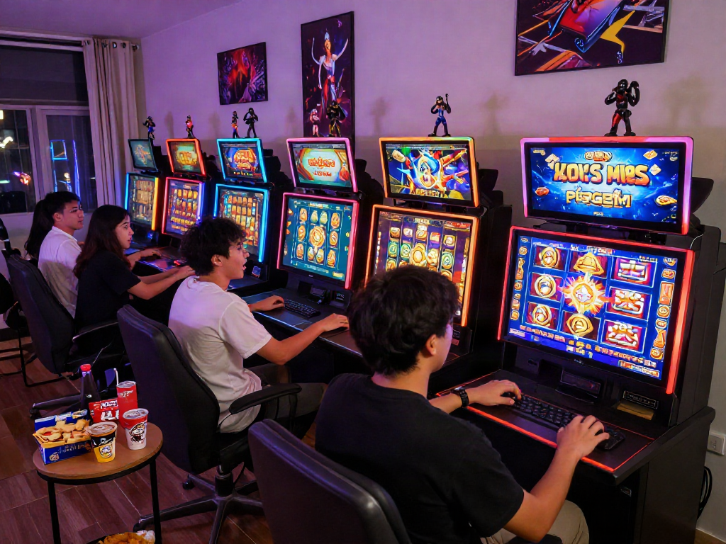 Exciting gaming experience on SLOT777 showcasing slot gacor hari ini with players enjoying diverse slot machines in a cozy environment.