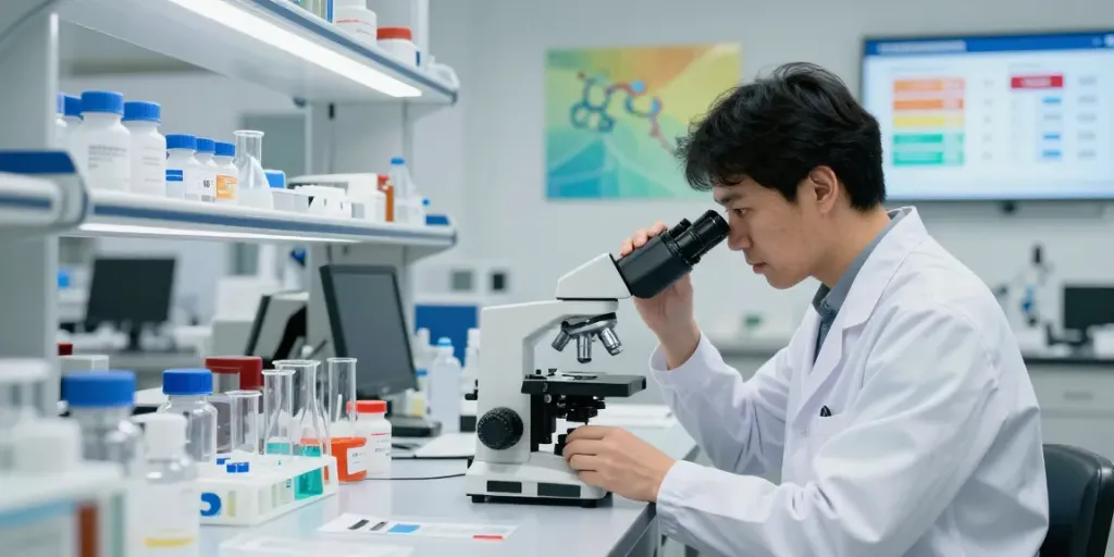 Research lab examining pept cost and peptide samples in detail.