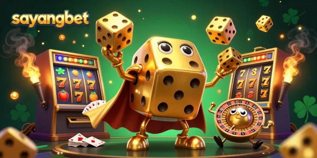 Experience exciting gameplay with sayangbet's unique 3D casino illustration featuring dynamic golden dice and slot games.