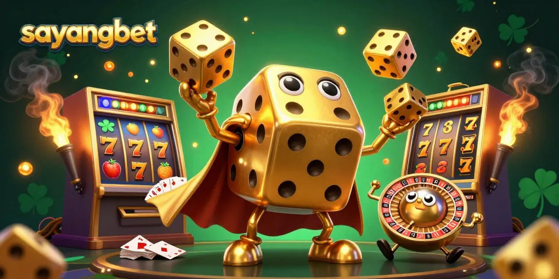 Experience exciting gameplay with sayangbet's unique 3D casino illustration featuring dynamic golden dice and slot games.