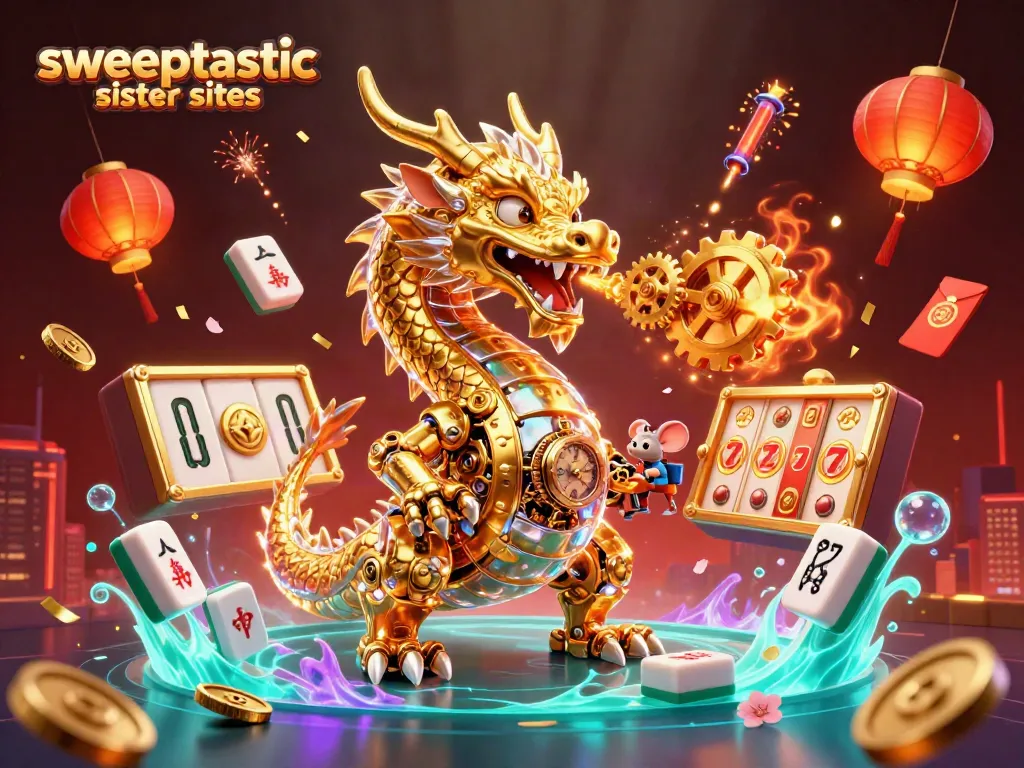 Sweeptastic sister sites showcase a vibrant scene with a golden dragon and slot reels, capturing the thrill of alternative casinos.