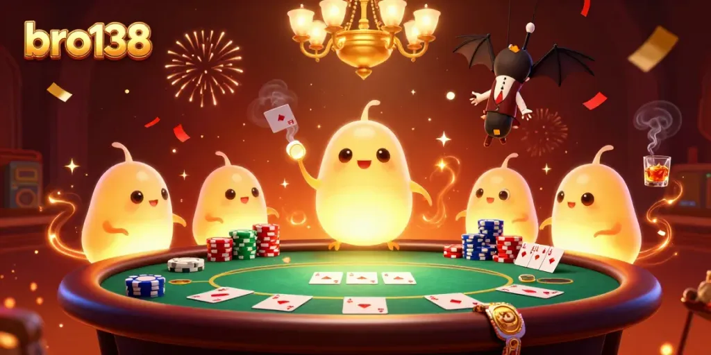 Spin to win at Bro138 with glowworms lighting up a vibrant casino filled with poker action.
