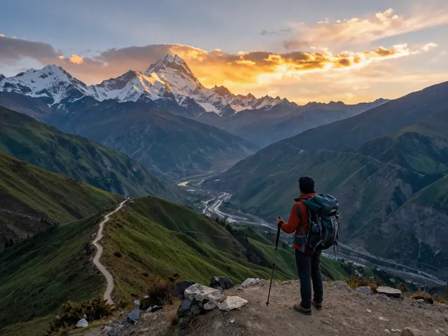 Manaslu Circuit Trek sunset view with a traveler overlooking mountain valleys and peaks.