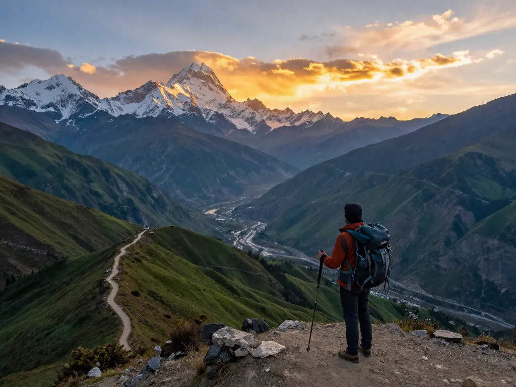 Manaslu Circuit Trek sunset view with a traveler overlooking mountain valleys and peaks.