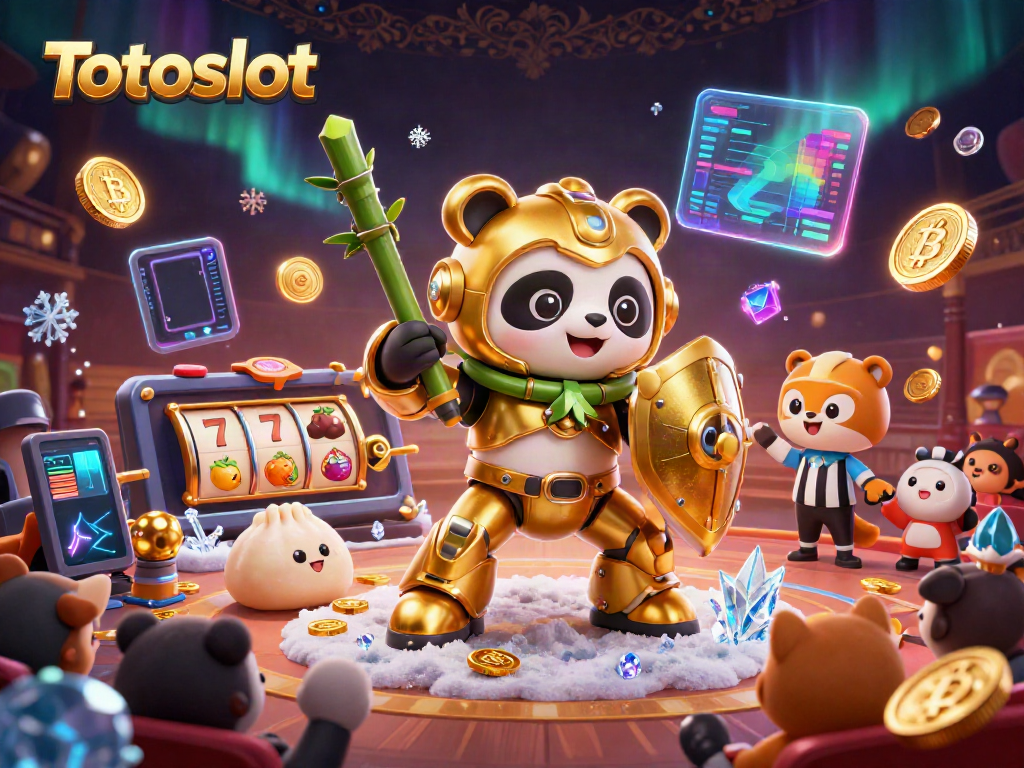 Gambarkan Totoslot dengan panda emas bertarung, simbol slot, dan elemen kasino lainnya dalam ilustrasi 3D